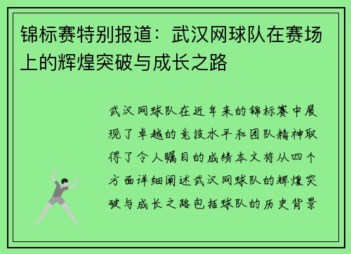 锦标赛特别报道：武汉网球队在赛场上的辉煌突破与成长之路