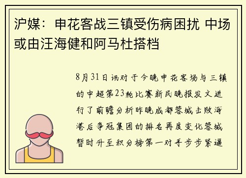 沪媒：申花客战三镇受伤病困扰 中场或由汪海健和阿马杜搭档